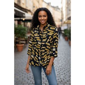 Terra SJ Apparel blouse navy & green bendable collar sz Medium